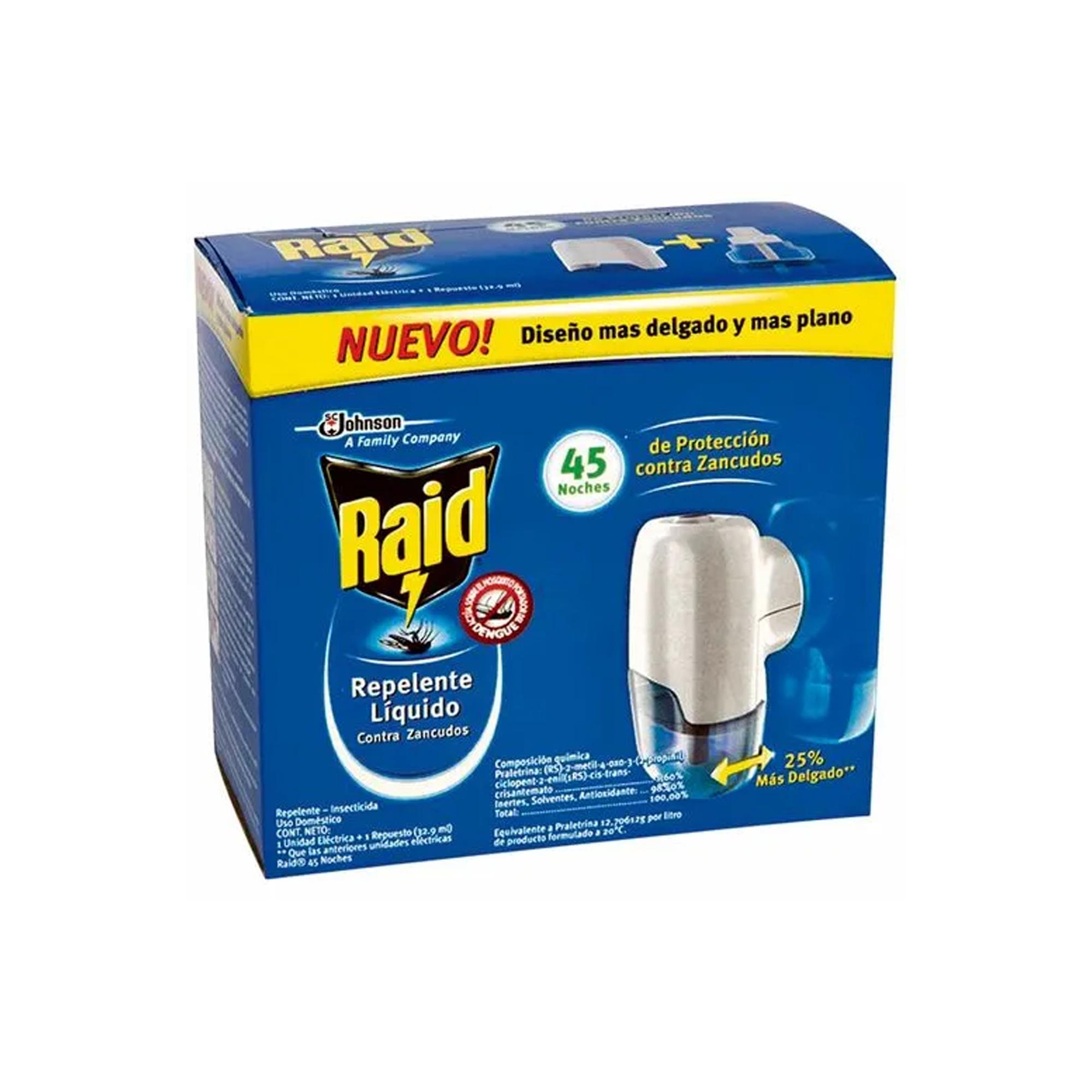 Repelente electrico 45 noches + repuesto liquido 33 ml. - Raid